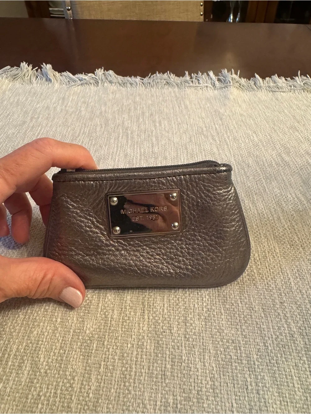 Michael Kors Metallic Pewter Leather Coin Pouch with Logo Plate